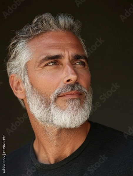 Fototapeta Mature man with silver hair and beard gazing thoughtfully against a dark background with ample copyspace for text in a portrait composition.