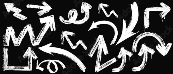Obraz Brush, marker drawn bold arrows set. Collection of hand drawn doodle thick arrows in different directions.