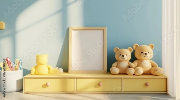 Fototapeta Sunny room, yellow shelf, teddy bears, blank frame, mockup