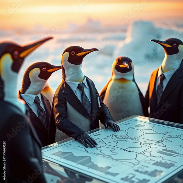 Fototapeta Penguins in Business Suits, pointing to charts made of ice, discussing 'fish market trends