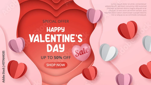 Fototapeta Happy Valentine's day sale template with paper cut heart elements. Vector background