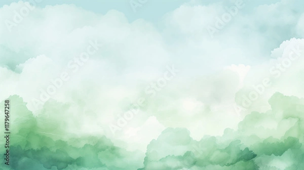 Fototapeta Watercolor background with soft green clouds