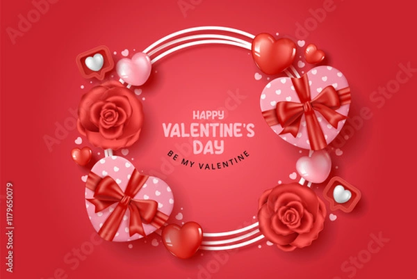 Fototapeta Happy Valentine's day background with Heart gift, flowers and hearts elements in red background. Vector Illustration.