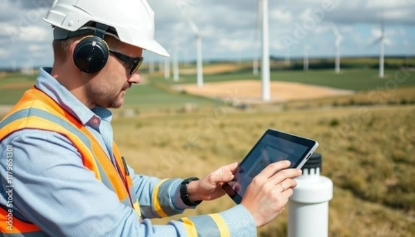 Obraz Engineer Inspecting Wind Farm with Tablet