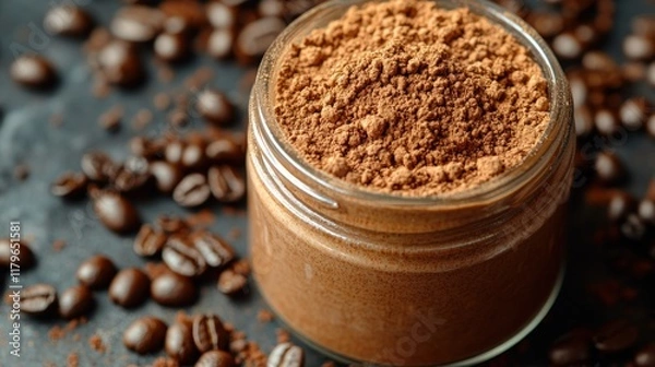 Obraz Coffee scrub in glass jar with beans.