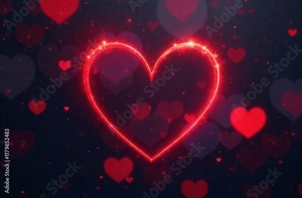 Fototapeta Red heart shape outline on dark blurred background with bokeh and highlights