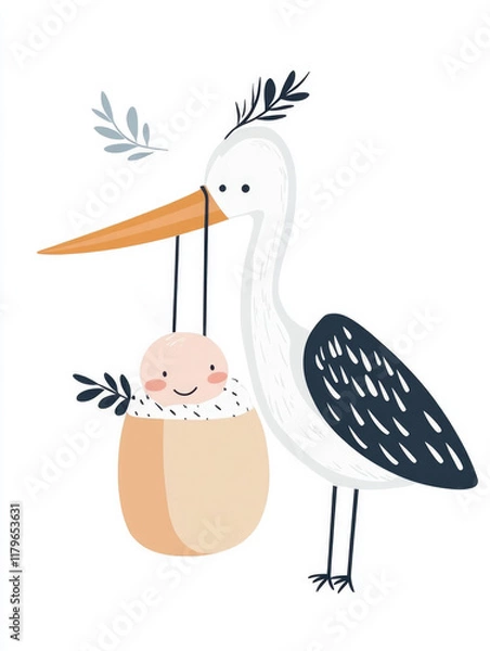 Obraz Stork holding a baby in a bundle on a white background, adorable cartoon-style illustration, ideal for baby shower invitations, nursery posters, and family-themed campaigns..