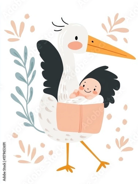 Obraz Stork carrying a smiling baby in a blanket on a white background, cute cartoon-style illustration, ideal for baby announcements, nursery posters, and family campaigns..