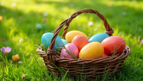 Fototapeta Colorful Easter eggs in a wicker basket on green grass