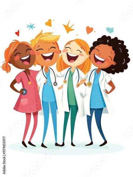 Obraz Happy group of female doctors and nurses standing together, smiling in a cheerful cartoon-style illustration, perfect for healthcare posters, hospital ads, and teamwork campaigns..