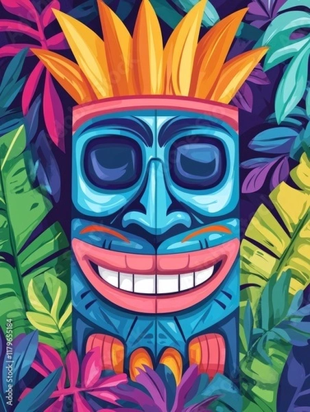 Obraz Colorful tiki mask with vibrant tropical leaves and flowers in the background, cartoon-style illustration, ideal for posters, party ads, and summer-themed designs..