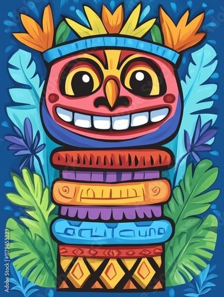 Obraz Smiling tiki totem surrounded by lush tropical foliage and vibrant leaves, cartoon-style illustration, ideal for posters, party ads, and exotic-themed designs..