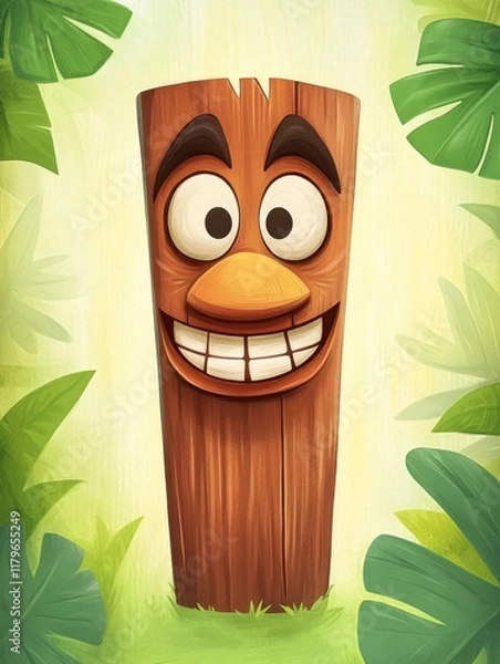 Obraz Cheerful wooden tiki face surrounded by tropical leaves on a bright green background, cartoon-style illustration, perfect for posters, party ads, and summer-themed campaigns..