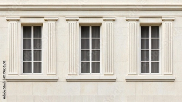Fototapeta Three Elegant Classical Windows on a Cream-Colored Building Facade