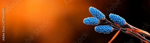 Fototapeta Azure Bloom: Three vibrant blue flower buds emerge against a warm, blurred orange backdrop, creating a striking contrast and a sense of delicate beauty.