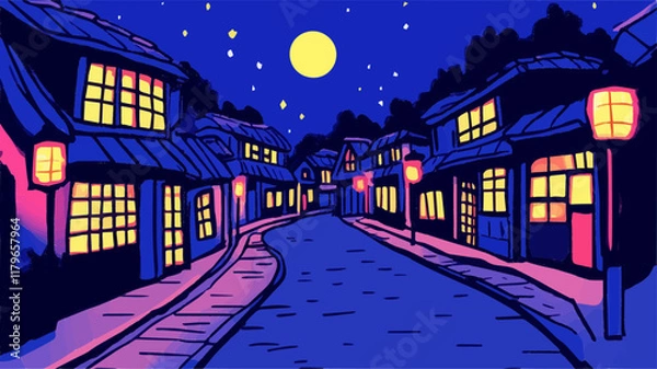 Obraz Japanese street glowing under full moon at night