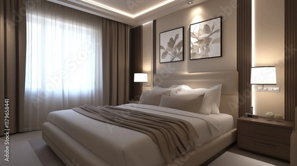 Fototapeta Elegant modern bedroom design featuring neutral tones and soft lighting for a calming atmosphere. Mocha Mousse trend color 2025