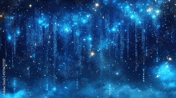 Obraz Digital code falling like stardust in a night sky, abstract background for technology or space themes.