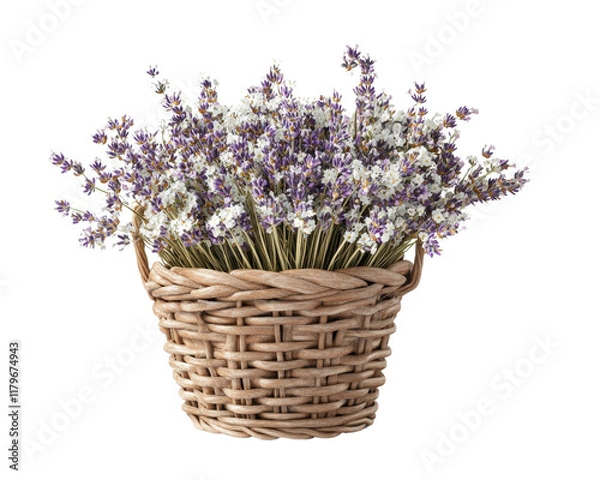 Obraz A basket filled with fresh lavender flowers on a white isolated background.