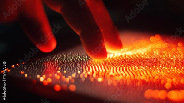 Fototapeta Close-up of a Human Finger Gently Touching a Vibrant Surface with Flowing Light and Dynamic Patterns in a Dark Environment, Creating a Mesmerizing Visual Experience