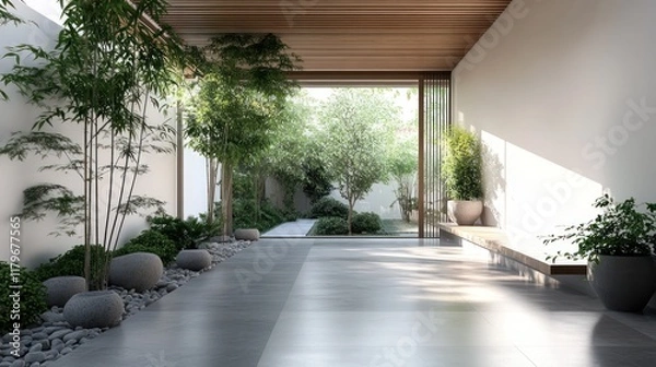 Fototapeta Modern minimalist courtyard garden entryway with sunlight