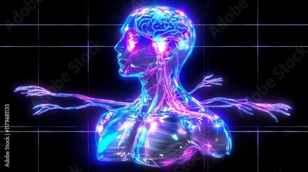 Fototapeta Vibrant 3D Render: Glowing Human Nervous System Illustration, Futuristic Style. AI Generated