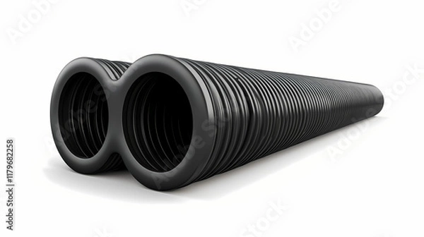 Fototapeta Black corrugated pipe, wide angle view, isolated white background, industrial drainage, plumbing supply. Shadowmoss. Illustration