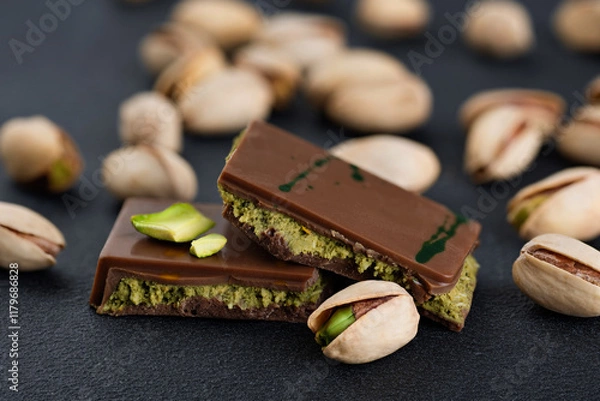 Fototapeta Dubai chocolate with pistachios and kadaif on dark background.