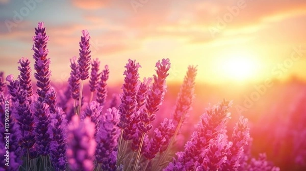 Fototapeta Sunset over lavender field.