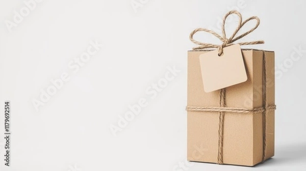 Fototapeta Cardboard box with blank tag and twine ribbon on white background symbolizing free shipping and online retail delivery services