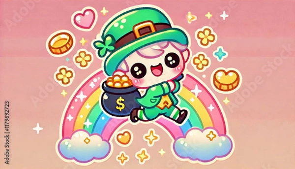 Obraz Happy leprechaun character running on a colorful rainbow with glittering gold accents.