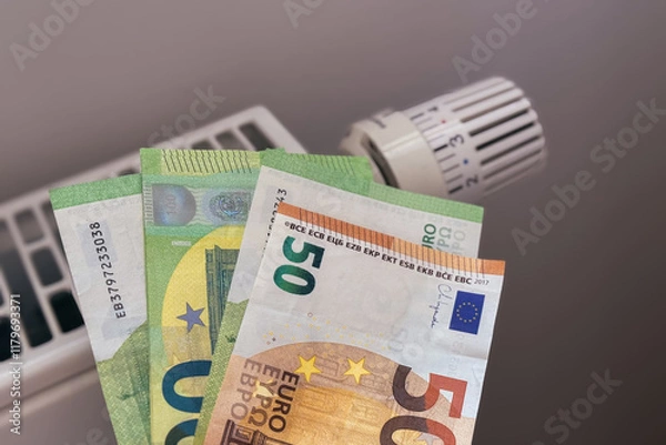 Fototapeta Human Hand Holding Euro Banknotes near Electric Heater Radiator at Home. Man Pay Money for Heating. Expensive to Heat. Energy Saving. Rising Cost of Living. Global Gas Crisis. Paying Cold Season Bills