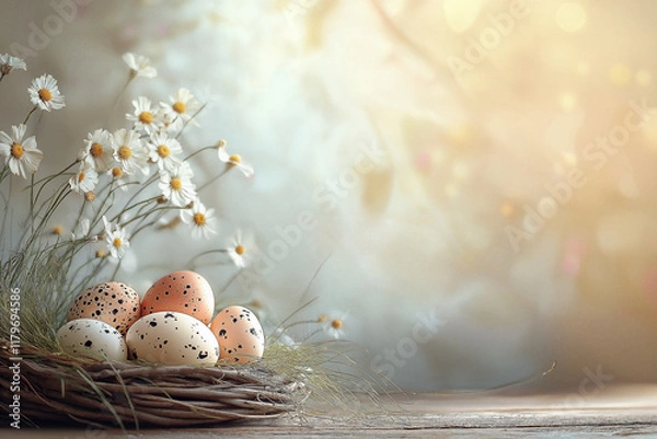 Fototapeta Easter eggs in a basket nest with daisy flowers