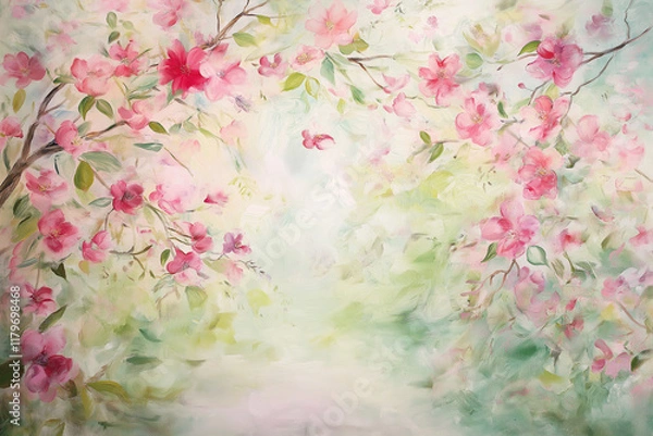 Fototapeta A beautiful spring background of soft pink blossoms and lush green leaves in a dreamy watercolor style, radiating charm and tranquility