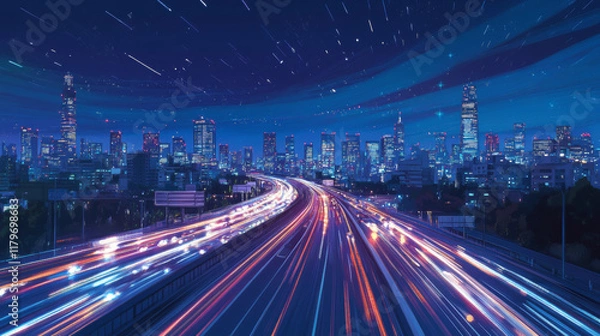 Fototapeta Night city highway with traffic speed effect. Vector cartoon illustration of dark cityscape view with illuminated skyscrapers in urban downtown district, starry sky, car light traces from fast motion