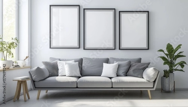 Fototapeta Modern Gray Sofa Minimalist Living Room Blank Frames Home Decor