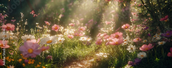 Fototapeta A sunlit garden pathway surrounded by pastel flowers and lush greenery in a tranquil spring setting