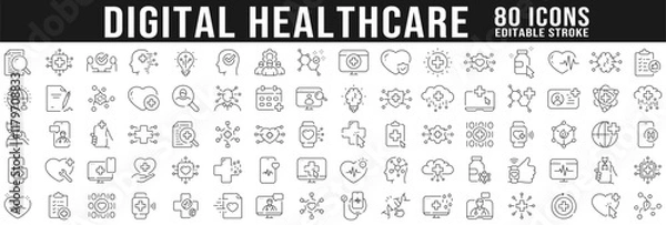 Fototapeta Big set of digital healthcare line icons. Diagnosis, technology, app etc. Editable stroke
