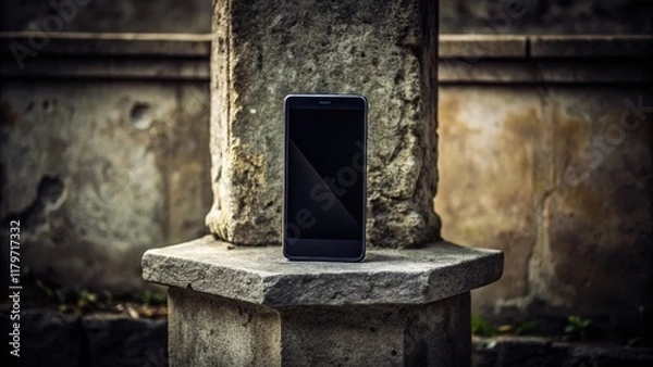 Fototapeta Lonely Black Phone on Stone Pedestal, Blank White Screen - Stock Photo