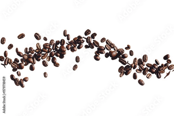 Fototapeta Flying Coffee Beans Horizontal Composition: Coffee beans floating through the air, arranged in a dynamic horizontal composition. Transparent background.