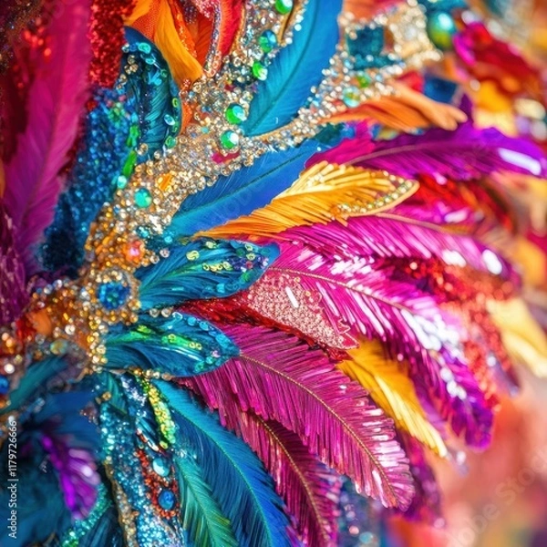 Fototapeta Close-up of colorful feathers and sequins on a carnival costume