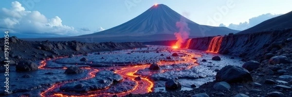 Fototapeta Lava flows from Tungurahua volcano under a clear blue sky , stock image, detail