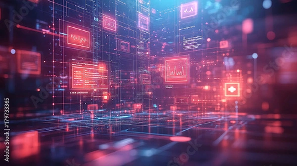 Fototapeta modern digital health ecosystem showcasing vibrant data visualizations and health metrics. scene emphasizes technologys role in healthcare, creating dynamic and engaging atmosphere