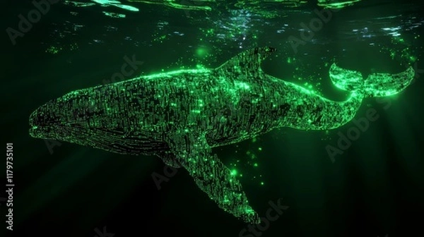 Fototapeta Digital Whale Symphony: Glowing Silhouette in Neon Matrix, Pixel Glitch Details on Dark Abstract Background with Smooth Lighting