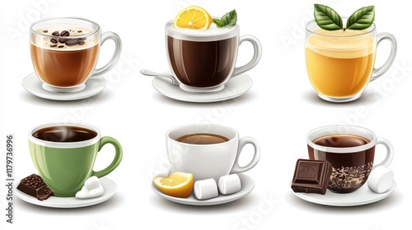 Fototapeta Cups of coffee, tea and cocoa top view. Vector realistic set of hot drinks in mugs, espresso, green tea and black with lemon, chocolate with milk and marshmallow isolated on white background