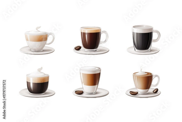 Fototapeta Realistic Vector Coffee Icons Set: A set of highly detailed, vector-based coffee icons, perfect for beverage or caf�� designs. Transparent background.