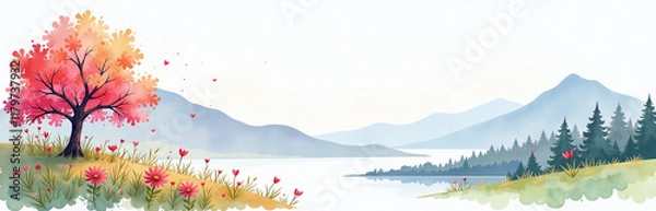 Fototapeta A Beautiful Watercolor Painting Of A Colorful Scene Isolated On A Pure White Background Creating A Sense Of Tranquility And Calmness Overall. 00003