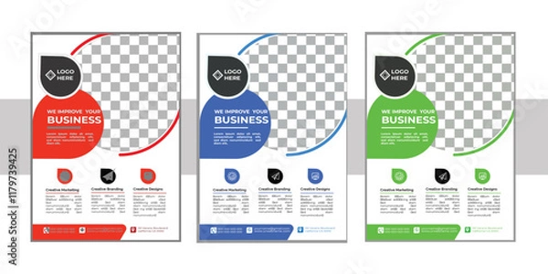 Fototapeta  A bundle of 3 templates of different colors a4 flyer template, modern business flyer template,  Business abstract vector template. Brochure design, cover modern layout, annual report, poster. 