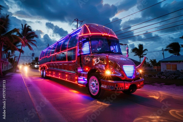 Obraz Colorful illuminated party bus driving along tropical road at dusk with palm trees
