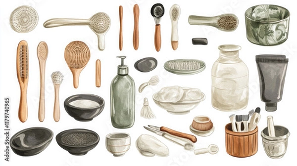 Fototapeta Artistic collection of various grooming and beauty tools arranged on a white background